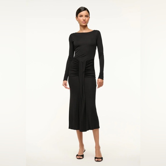 NEW STAUD Gres Dress, boat neck midi ruched waterfall heavy draped, Black Medium - Picture 3 of 13